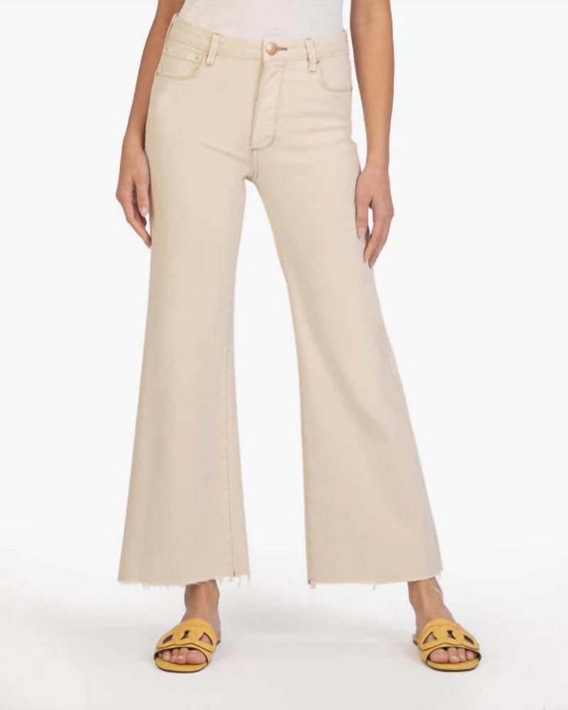 Front of a model wearing a size 14 Meg High Rise Fab Ab Wide Leg Jeans In Ecru in Ecru by Kut From The Kloth. | dia_product_style_image_id:360847
